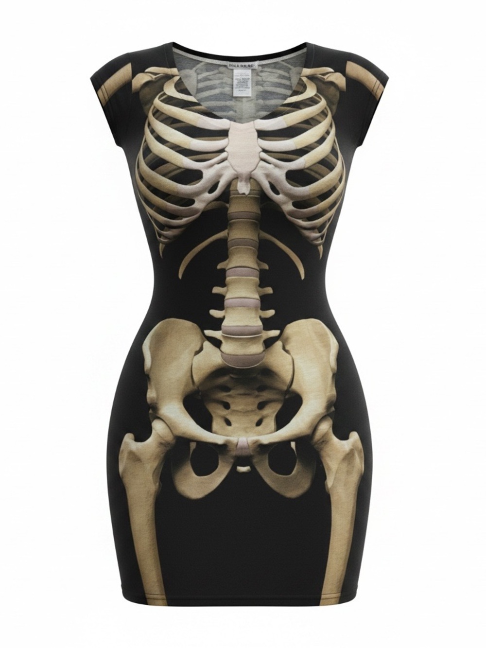 Skeleton Print Black Bodycon Dress - Small, Día de los Muertos, Halloween, Goth